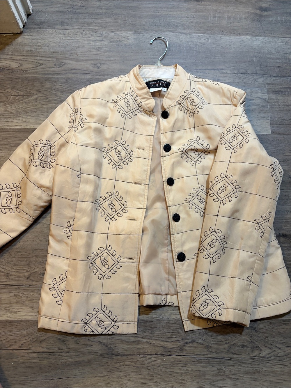 100% Silk Vintage Christina Hope Beige Jacket Mandarin Collar Art to Wear Quilt
